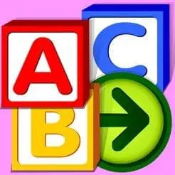 Red, yellow, and blue blocks with letters A, B, and C, next to a green circle with a right arrow.
