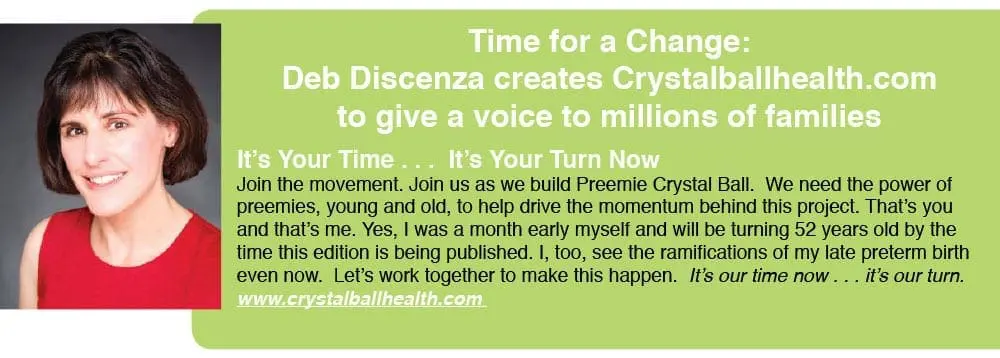 Deb Discenza smiles at the camera in a red top next to text about Crystalballhealth.com.