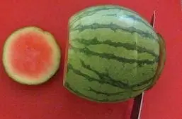 A watermelon is being sliced on a red cutting board.
