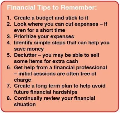List of eight financial tips to remember, including creating a budget and prioritizing expenses.