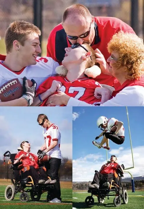 Niko and his family celebrate, with smaller images showing him playing football in a wheelchair and another person in a wheelchair watching a football player jump.