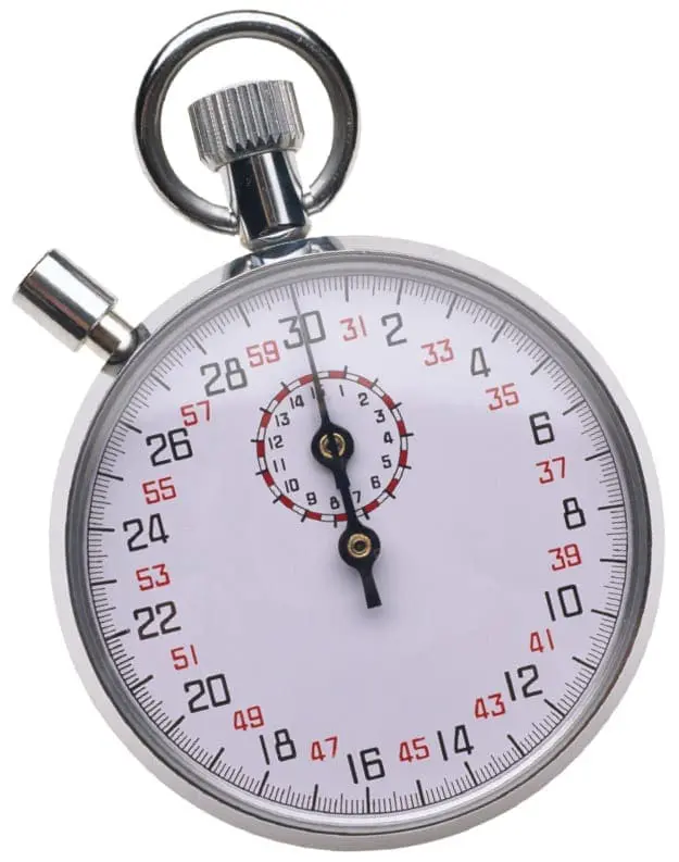 A stopwatch with a white face and red markings.