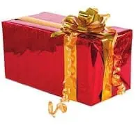 Red gift box with gold ribbon and bow