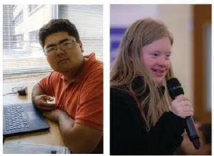 Two students, one with a laptop and one speaking into a microphone.