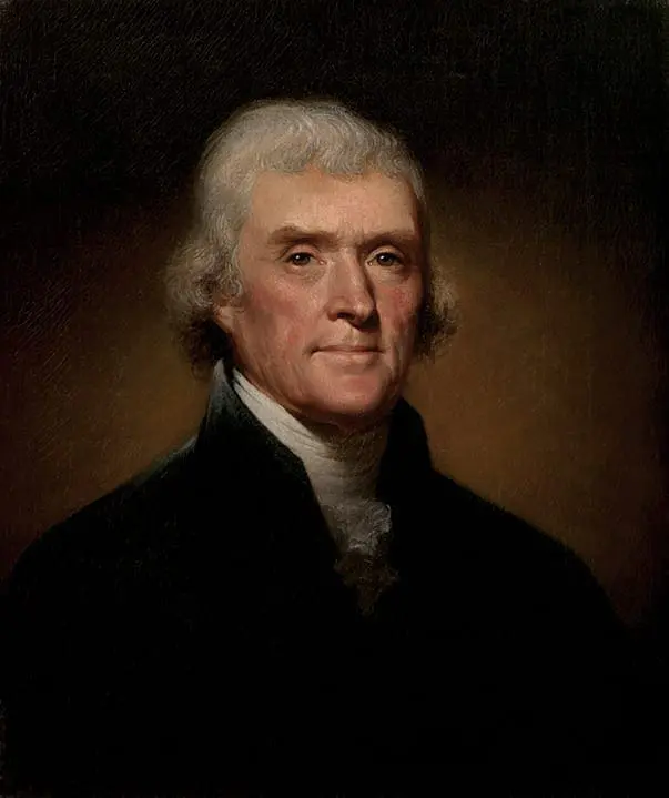 Thomas Jefferson wearing a dark coat and white cravat.