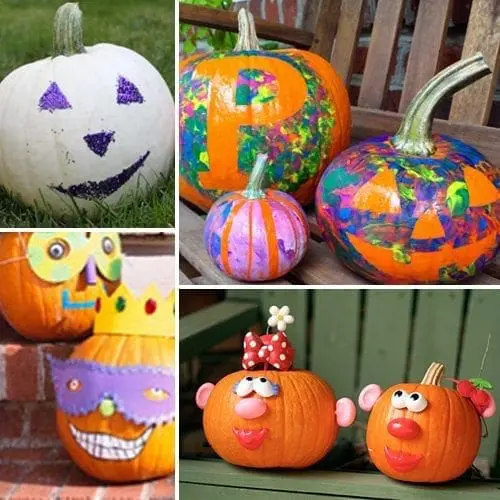Collage of five decorated pumpkins, including finger-painted, googly-eyed, and Mr. Potato Head pumpkins.