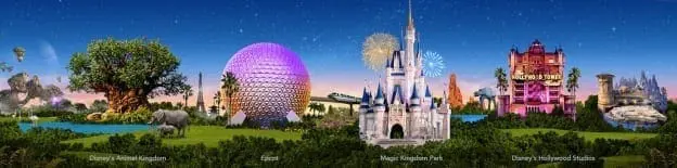 Disney World Magic Kingdom and Epcot attractions under a starry sky.