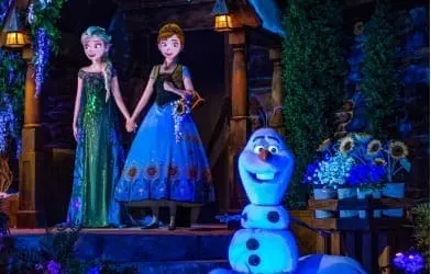 Elsa and Anna stand with Olaf in front of a building at night.