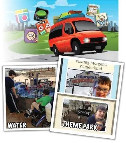 Road trip van with app icons and photos from a theme park visit.