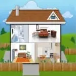 Cutaway view of a house showing four rooms and an exterior fence.