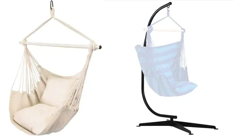 Two white hanging swing chairs on white backgrounds.