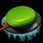 Green button with a red wire on a black circular base with blue light underneath.