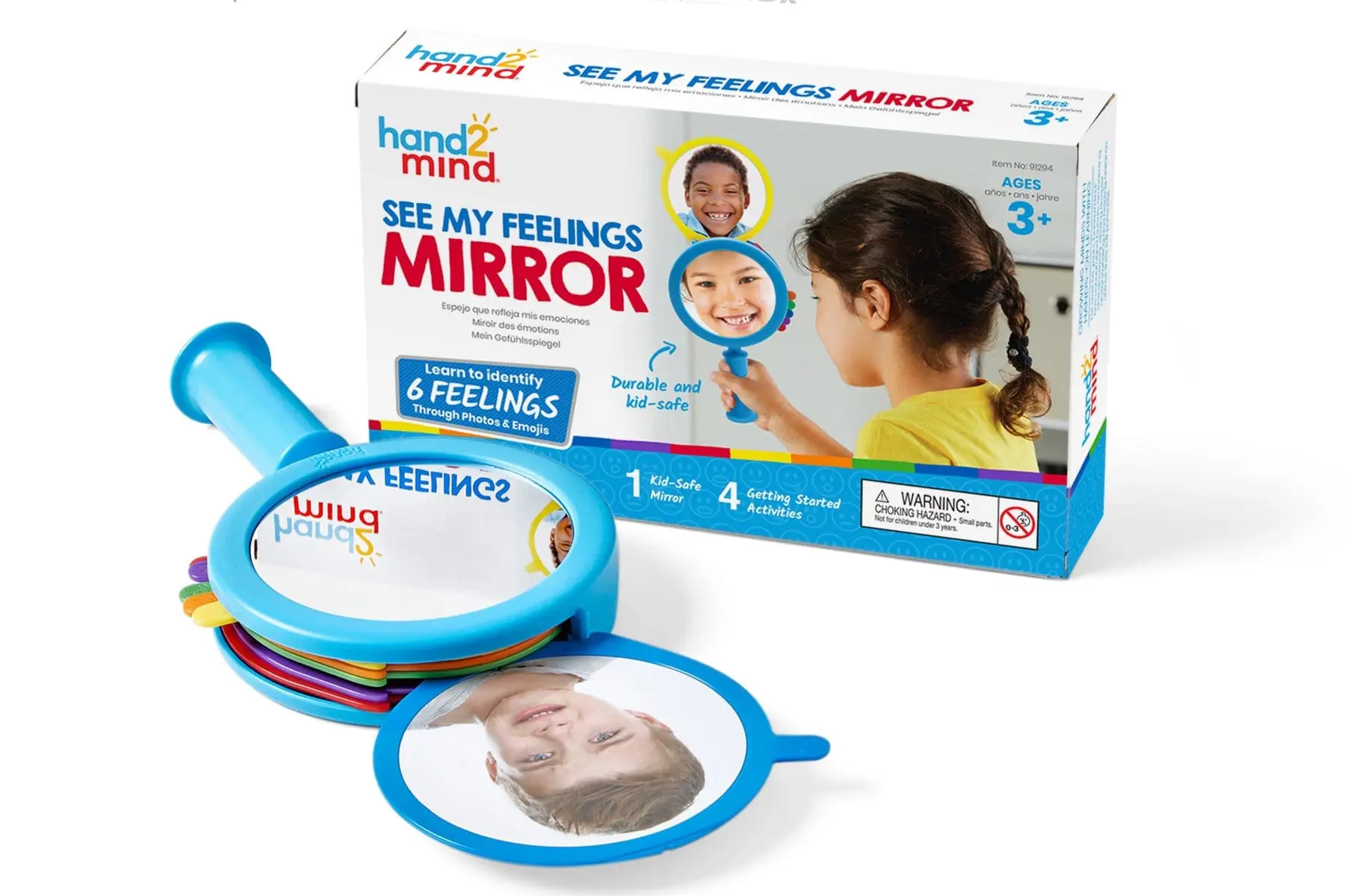 Hand2Mind See My Feelings Mirror with a young girl and three emotion cards.