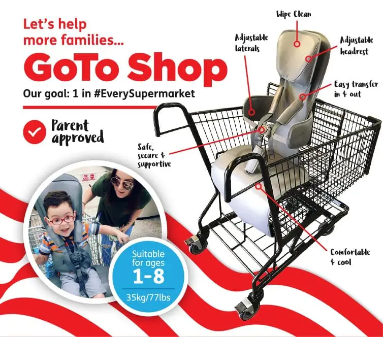 GoTo Shop adapted shopping cart with labels and inset photo of a child in the cart.
