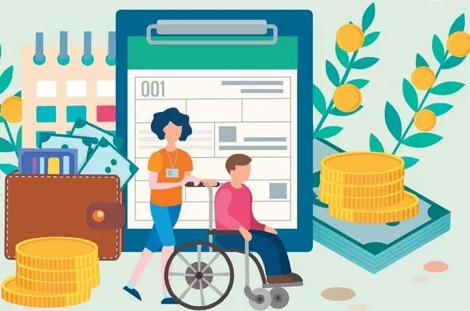 Illustration of a person in a wheelchair, a woman, a wallet, coins, and a document representing Social Security Income benefits.