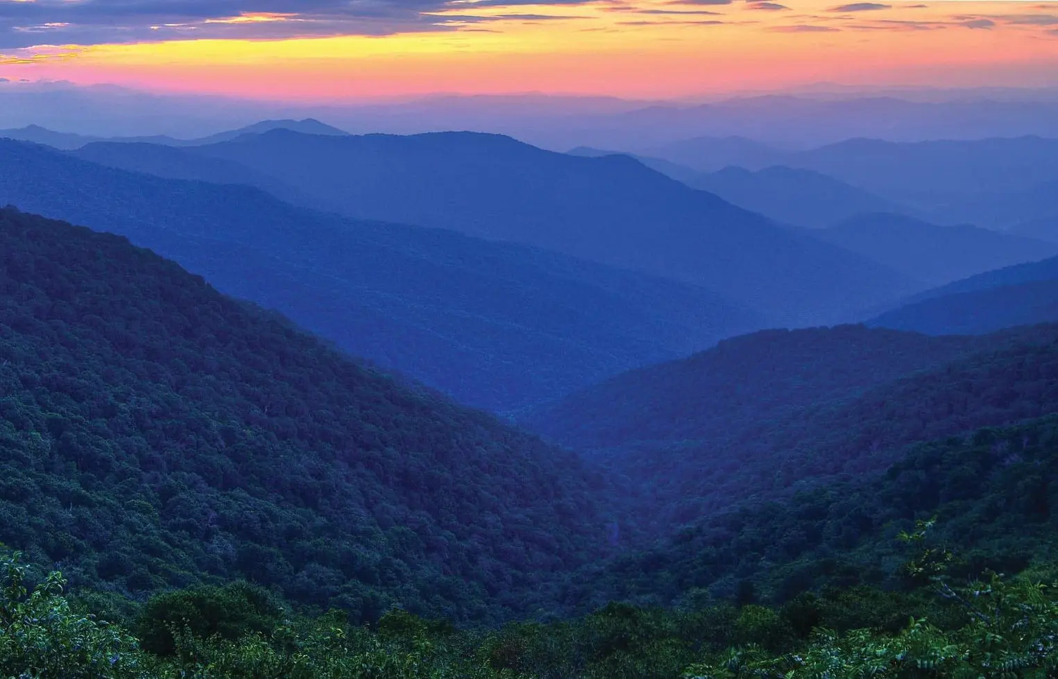 The Great Smoky Mountains of North Carolina at sunset.