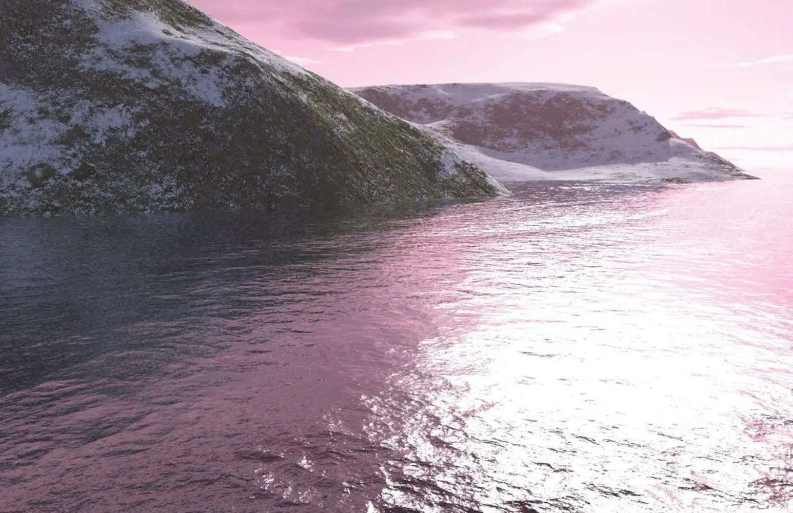 Snow-covered mountains and calm water under a pink sky at sunrise.