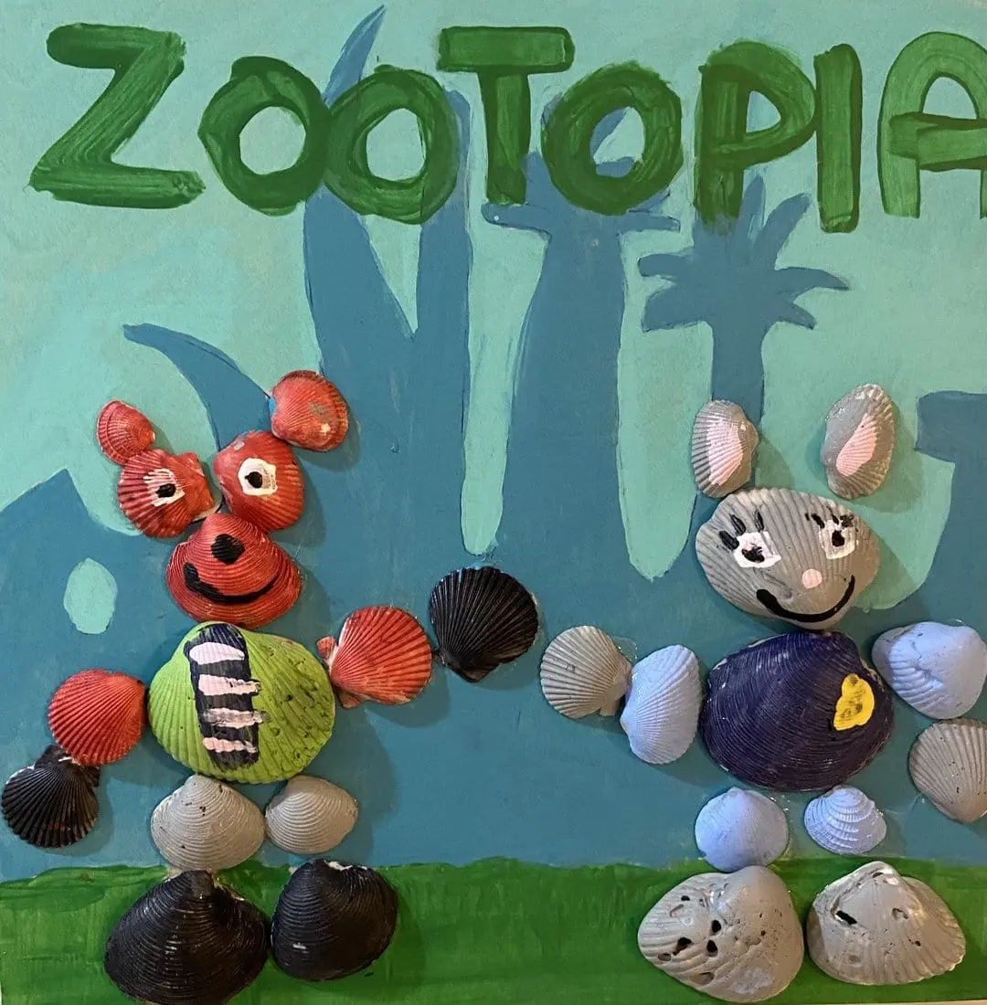 Shell art depicting characters from Zootopia