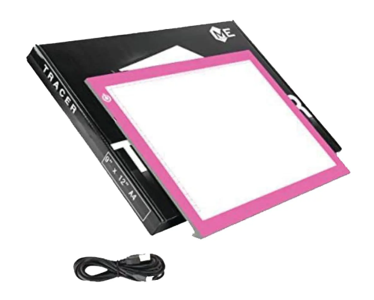 A4 tracing light pad with pink trim and a USB cable.
