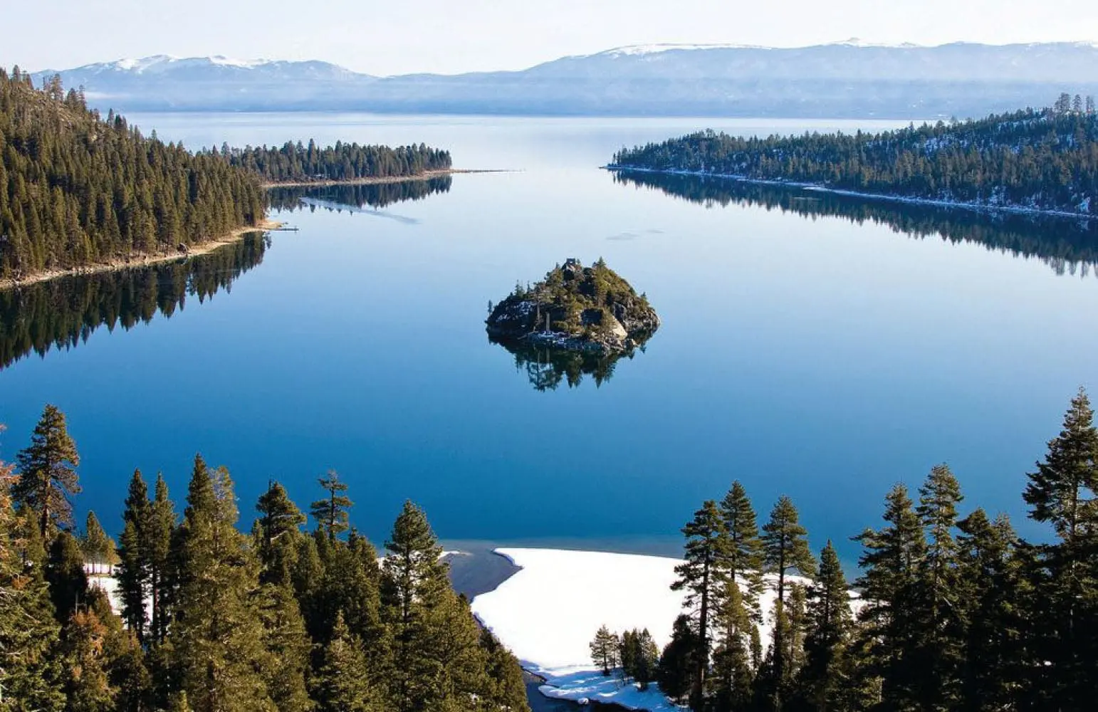 Emerald Bay on Lake Tahoe with a small island in the center.