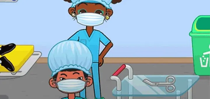 Two cartoon medical professionals wear face masks and surgical caps in a hospital setting.
