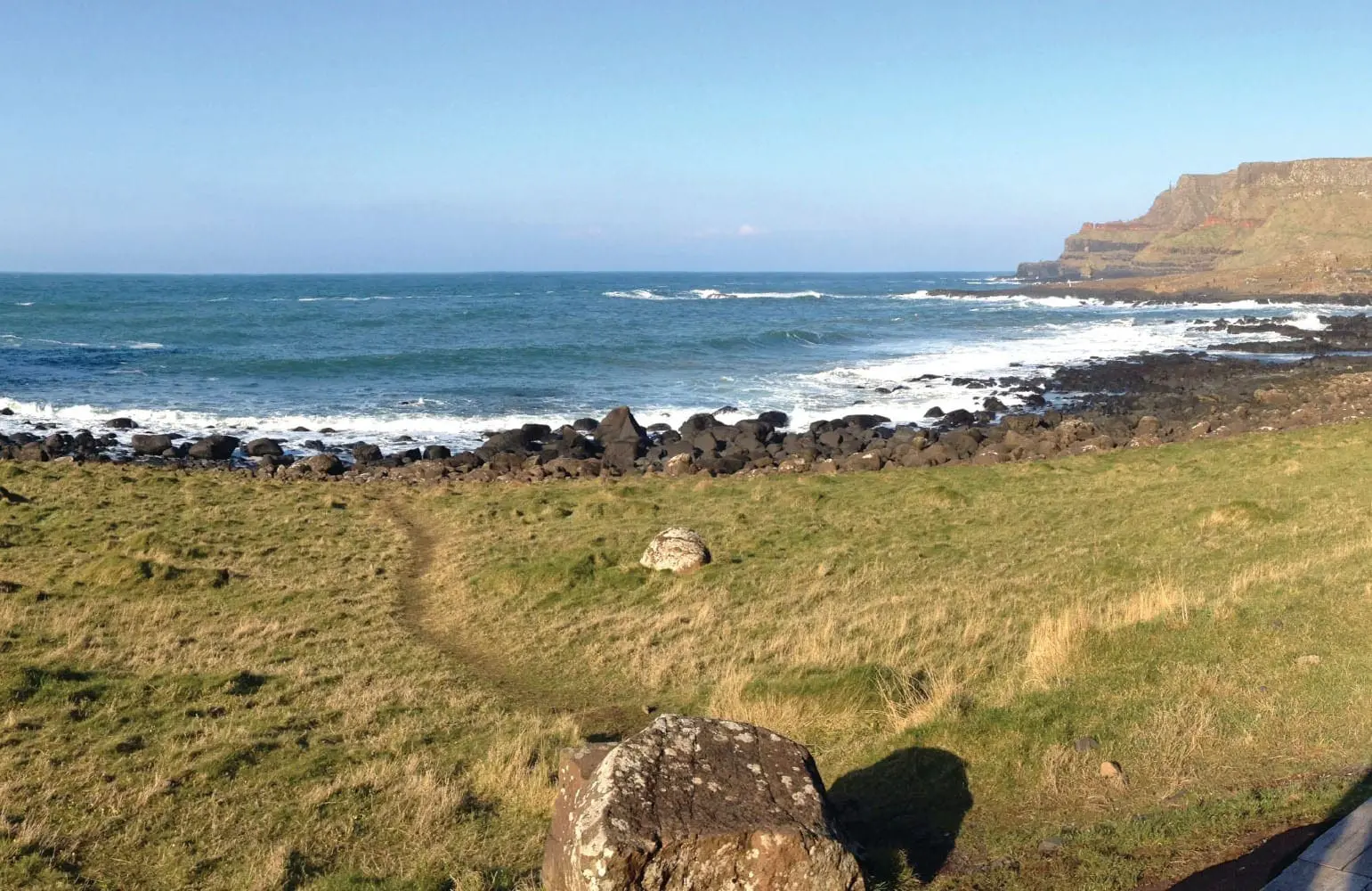 Coastal view of the Giants Causeway in Northern Ireland with the ocean and rocky shore.