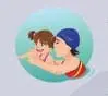 A child and an adult in swimsuits in the water.