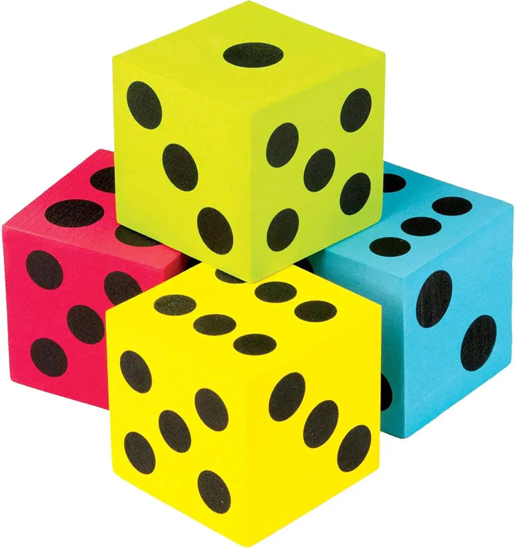 Four colorful foam dice stacked and scattered on a white background.