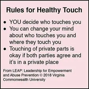 Rules for healthy touch: You decide who touches you, you can change your mind, and touching private parts requires agreement.