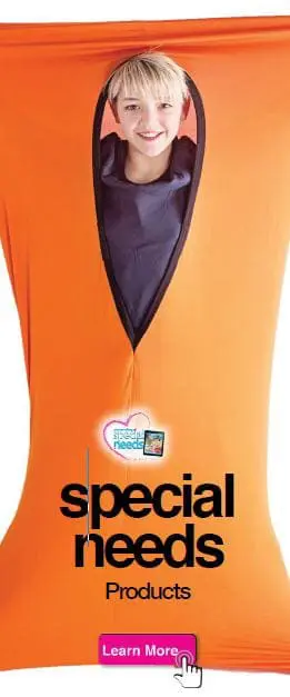 Boy in an orange sensory sack with "special needs Products" text.
