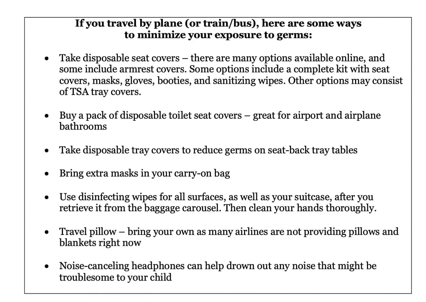 List of travel safety tips for minimizing germ exposure