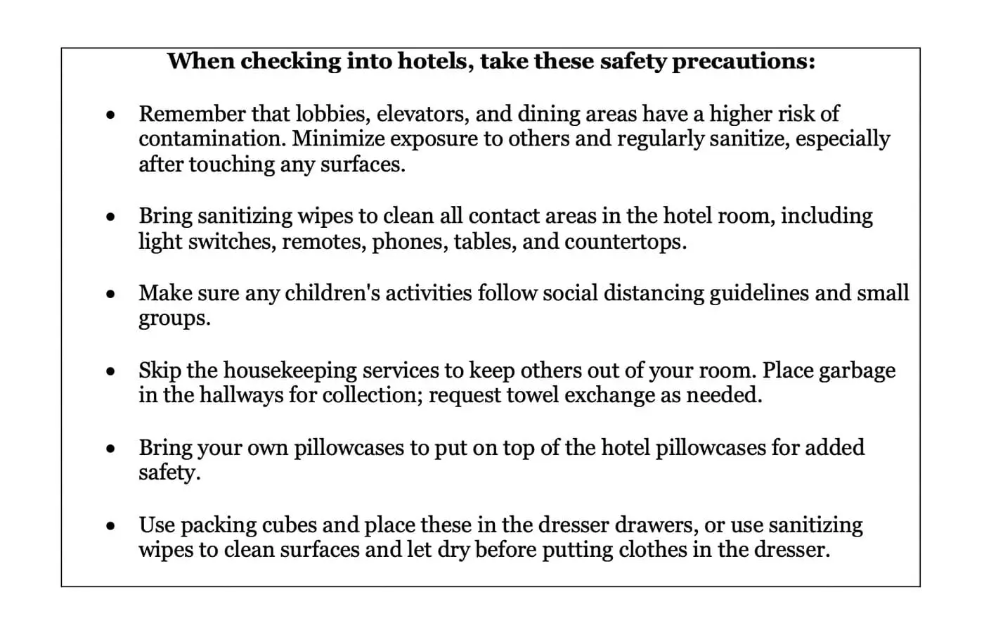 List of safety precautions for checking into hotels.