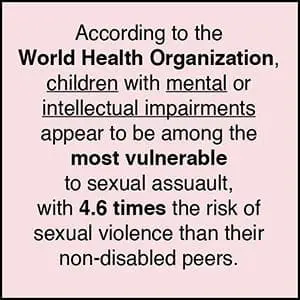 World Health Organization statistics state that children with mental or intellectual impairments face 4.6 times the risk of sexual assault.