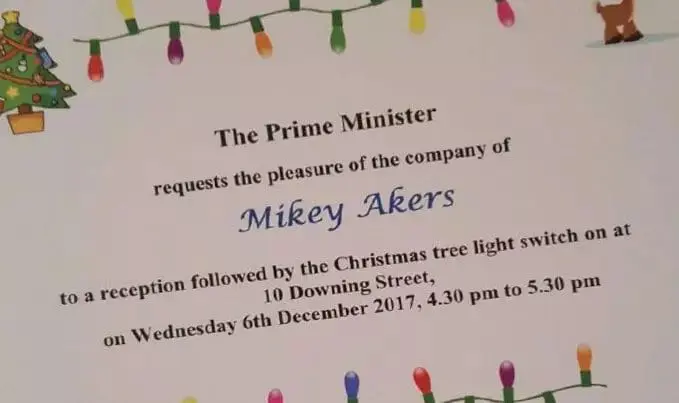 Invitation from The Prime Minister to Mikey Akers for a Christmas tree light switch-on reception.