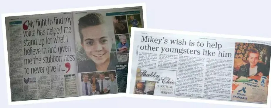 Newspaper articles about Mikey's wish to help other youngsters with verbal dyspraxia.