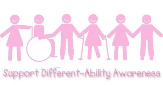 Stylized pink figures holding hands, including individuals using a wheelchair and crutches, above the text Support Different-Ability Awareness.