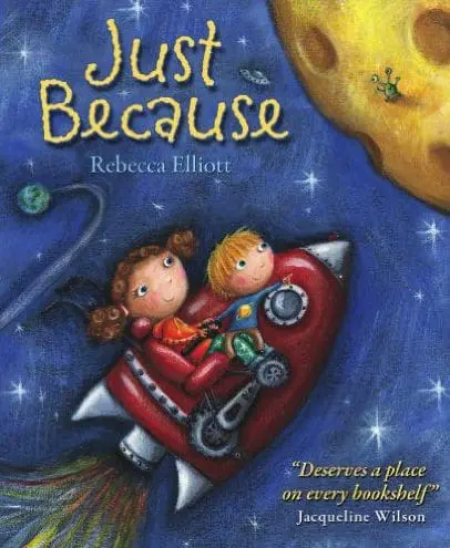 Just Because book cover illustration featuring two children on a rocket ship.