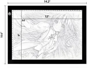 Tracing light pad with dimensions 14.2 by 10.6 inches displaying a sketch of a young anime character.