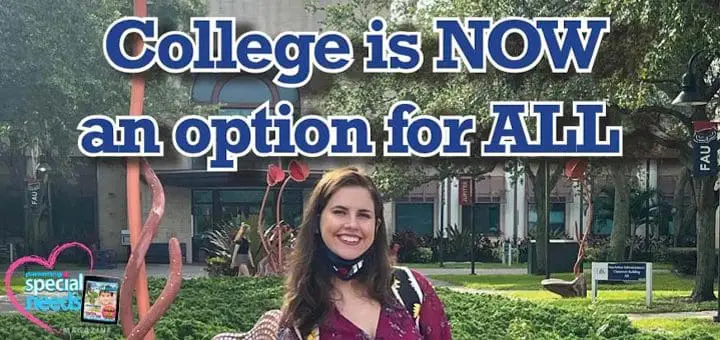 College is now an option for all, with a smiling woman in front of a campus building.