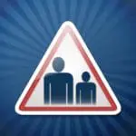 Warning sign with two silhouetted figures, one adult and one child
