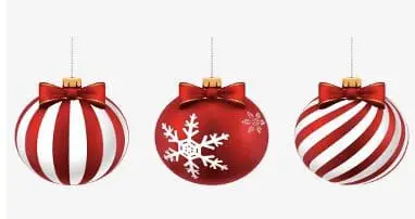 Three red and white striped Christmas tree ornaments with gold caps and bows.