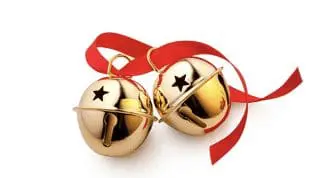 Two gold jingle bells with a red ribbon on a white background.