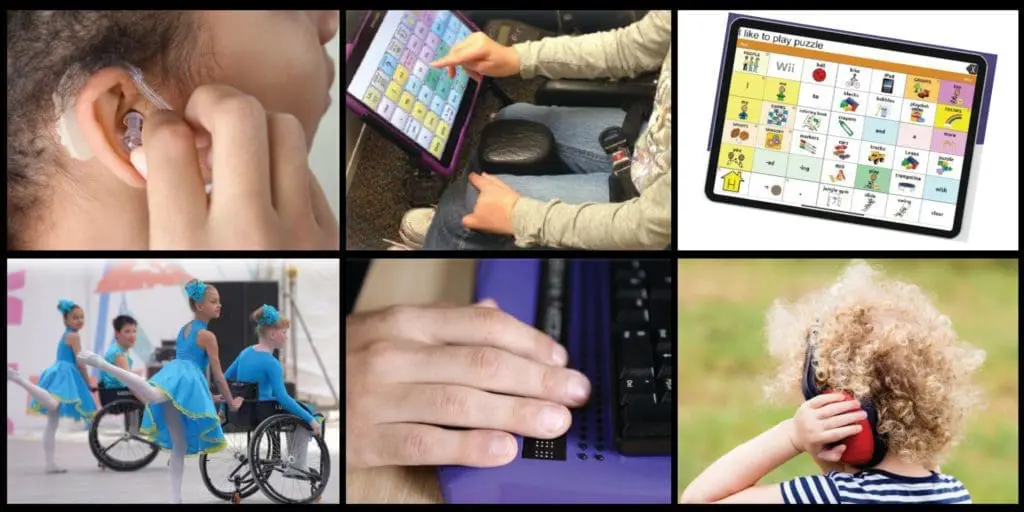 Collage of images showing assistive technology, including hearing aids, communication devices, and adaptive sports.