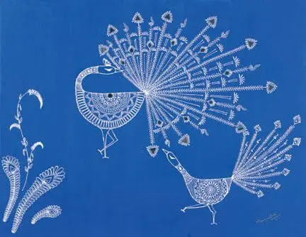 Two white peacocks and plant motifs on a blue background.