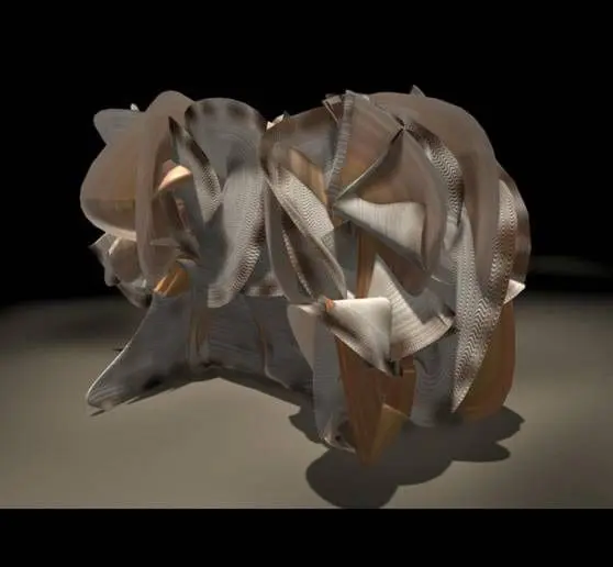 Sculpture with layered, folded elements in neutral tones.