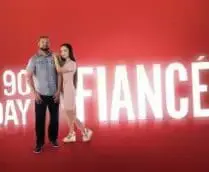 Rachel Hurtado and Jeff McLaughlin in front of the "90 Day Fiancé" logo