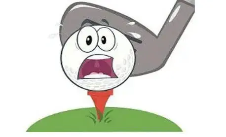 A golf ball with a scared face on a tee, about to be hit by a club.