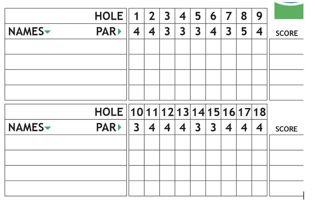 Golf scorecard with two sections for 18 holes and player names.