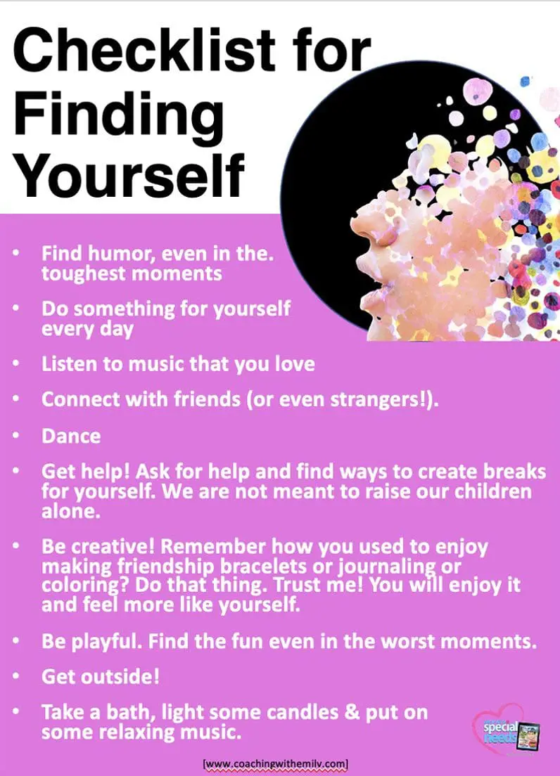 Checklist for Finding Yourself with self-care tips.