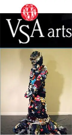VSA arts logo above a sculpture made of colorful fabric scraps.
